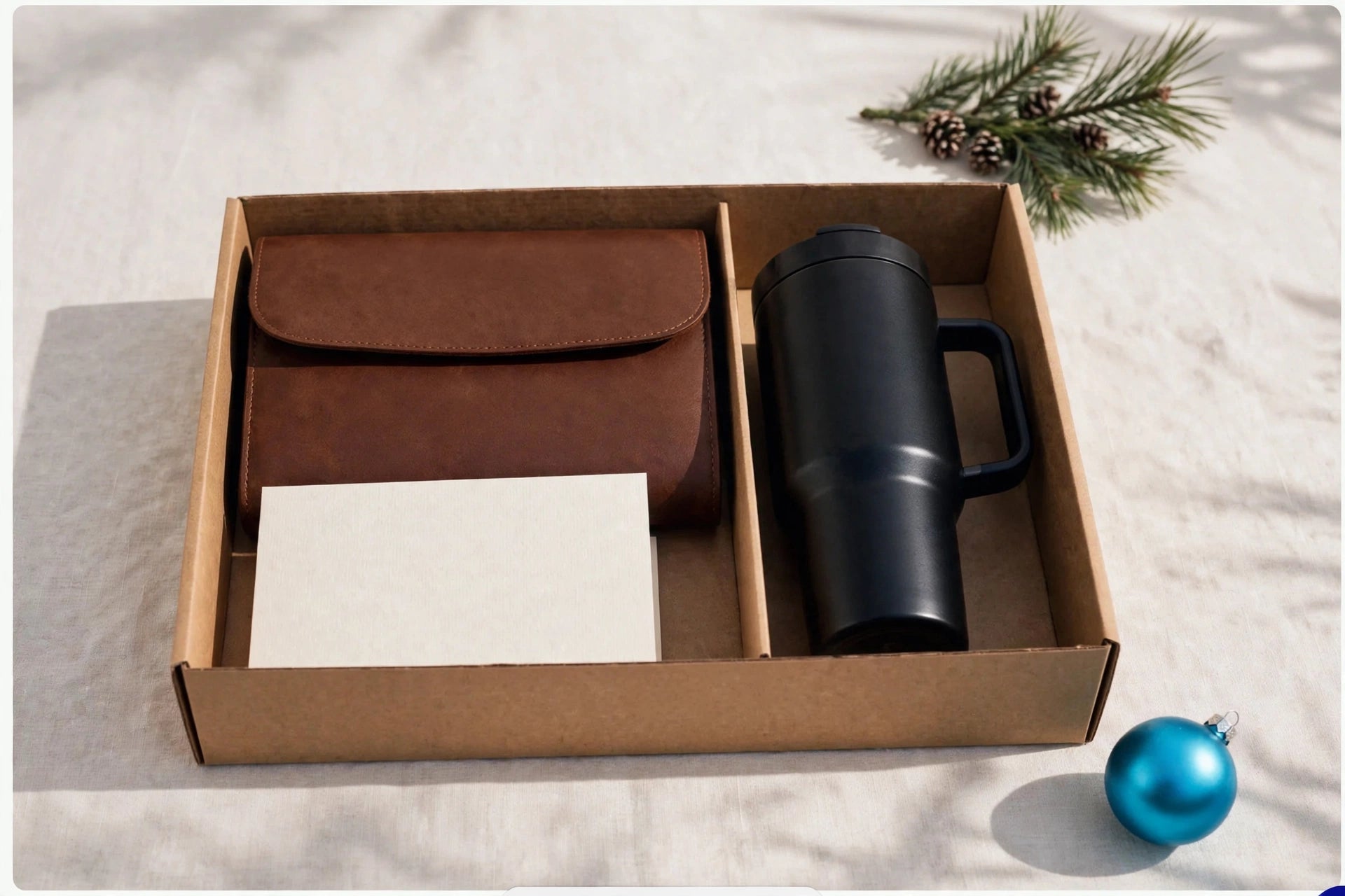Curated gift package: portfolio, tumbler and card in a gift box