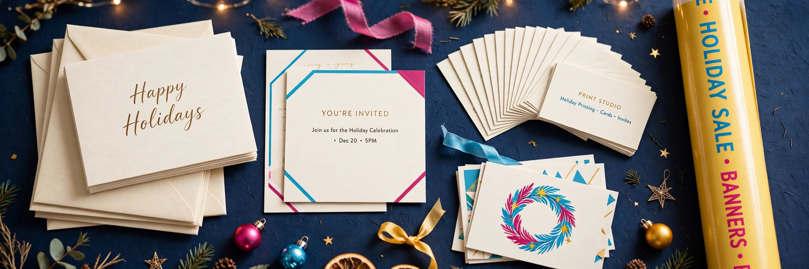Holiday greeting cards, invitations, business cards and a banner