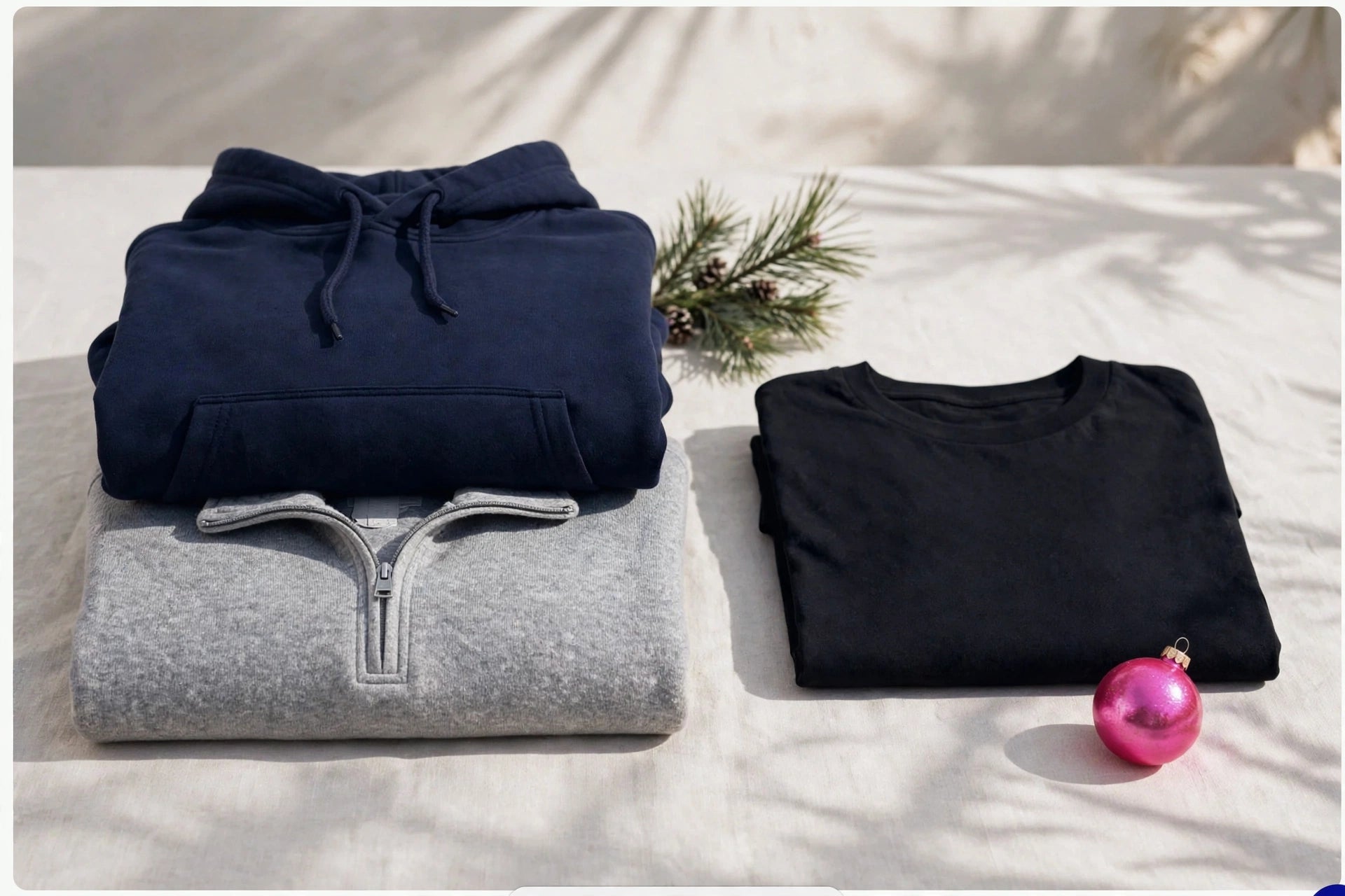 Bright tier: folded hoodie, quarter-zip and tee